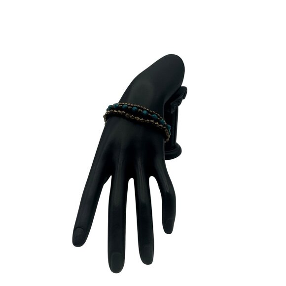 Beaded Goldtone Bracelet Set Elastic Multistrand Faceted Teal Beads - Picture 1 of 3